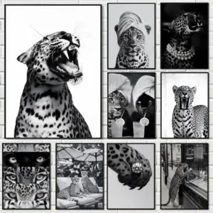 Fashion Black White Leopard Print Painting Calligraphy Eco-Friendly Cotton Canvas Poster  Waterproof Wall Art for Home DecorGift