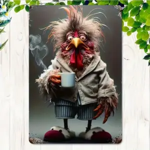 Chicken and Coffee Metal Sign - Quirky Farmhouse Wall Art Decor, Suitable for Home, Cafe, Bar - Vintage Retro Decorative Sign