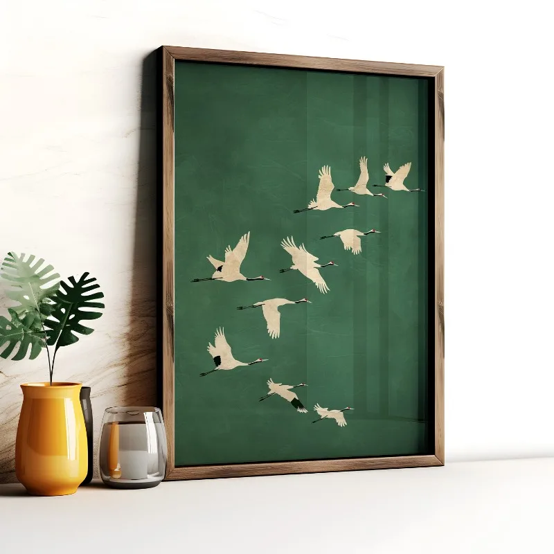 Emerald Green Cranes Poster Gold Accents Japanese Large Bird Artwork Canvas Painting Wall Art for Living Room Home Decor Gift - Image 3