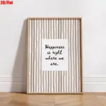 "Happiness Is Right Where We Are" Minimalist Neutral Striped Wall Art-Bohemian Modern Style Canvas Painting with Positive Quotes
