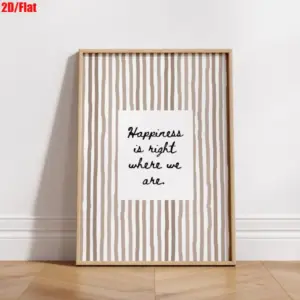 "Happiness Is Right Where We Are" Minimalist Neutral Striped Wall Art-Bohemian Modern Style Canvas Painting with Positive Quotes