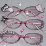 Japanese Kawaii Pink Hello Kitty Decorative Glasses Cute Harajuku Girl Bow Shiny Hello Kitty Glasses Accessories Birthday Gift
