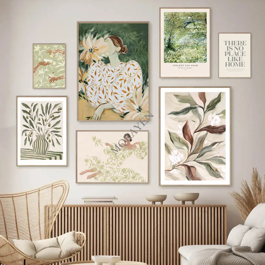 Boho Abstract Green Striped Girl Leaf Flower Poster Print Vintage Canvas Painting Hotel Bar Wall Art Pictures Living Room Decor - Image 2