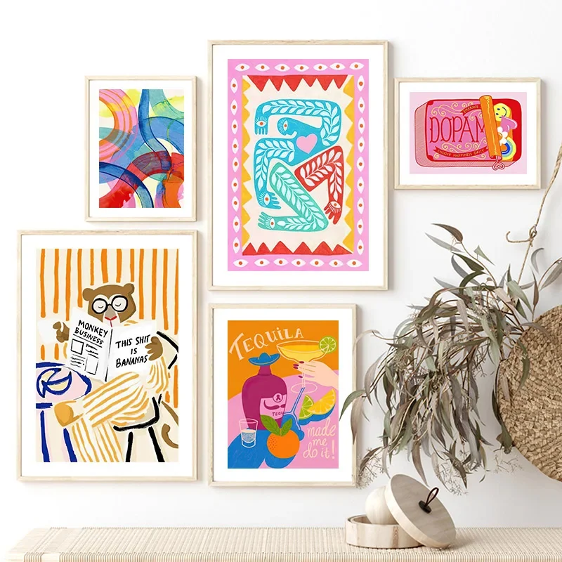 Bear Book Leaf Colorful Abstract Lines Rainbow Scenery Wall Art Canvas Painting Posters And Prints Picture For Living Room Decor - Image 2