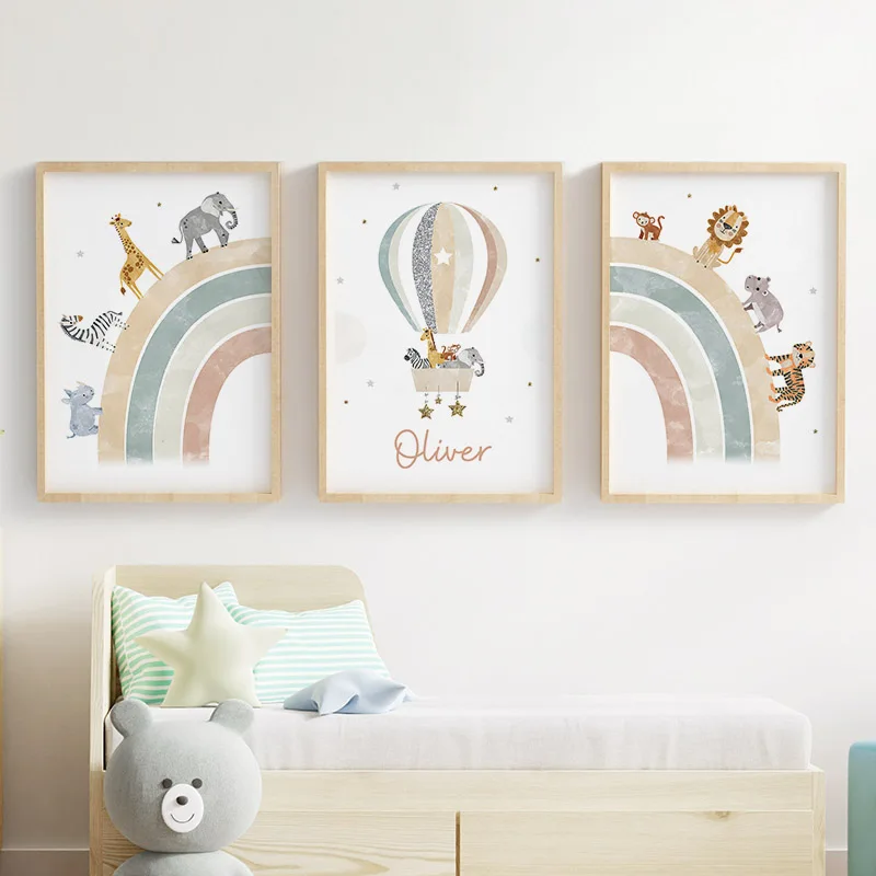 Rainbow Lion Giraffe Zebra Balloon Custom Name Nursery Wall Art Canvas Painting Posters And Prints Pictures Baby Kids Room Decor