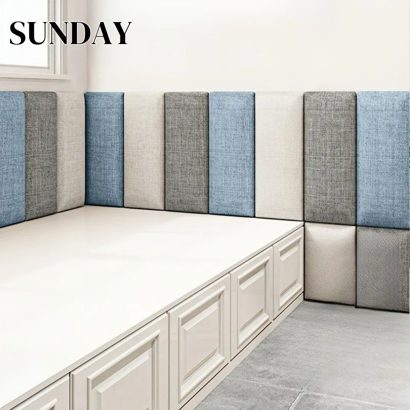 Faux Linen Wall Stickers Upholstered Anti Collision Self Adhesive Cushion Soft Decoration Panels Headboard Background Wall Decor