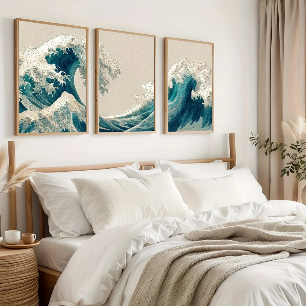 3pcs Frameless Japanese Quiet Wave Triptych Abstract Coastal Landscape Poster Decor,Blue Nautical Decor,Zen Beach Home Printing - Image 2