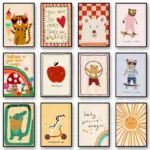 Animals Poster Prints Nordic Floral Bunnies Nursery Cool Bear Goose Wall Art Whimsical Rabbit Print for Kids Room Playroom Decor