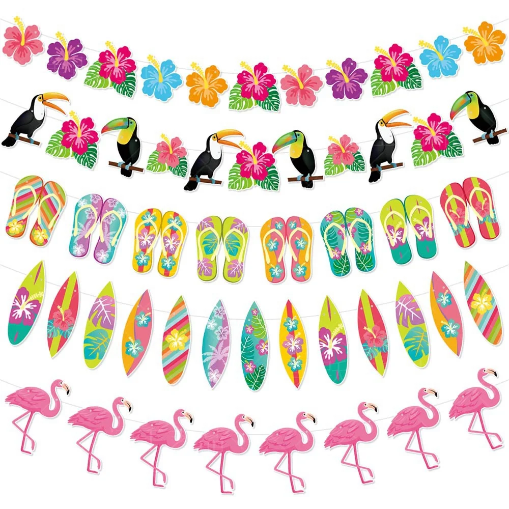 Hawaiian Party Decorations Flamingo Summer Bunting Banner Aloha Garlands Luau Tropical Jungle Safari Banners Party Decoration