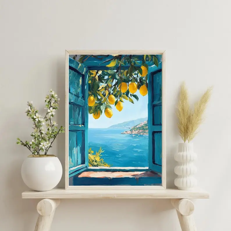 Mediterranean Window View Printable Art – Coastal Lemon Tree Wall Decor – Italian Seaside Landscape Frameless - Image 4