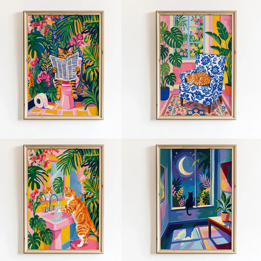 Moonlit Window Daydream Cat Wall Art Poster Tropical Bathroom Decor Colorful Floral Night Illustration Poster - Image 2