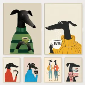 Modern Whimsical Animal Greyhound Print Poster Colorful Cute Dog Coffee Canvas Painting Wall Art for Living Room Home Decoration