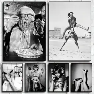Black and White Vintage Beach Woman JumpingOver Man/talian Spaghetti Poster Canvas Painting for Wall Art  Living Room Home Decor