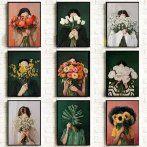 Abstract Woman Minimalism Poster Canvas Wall Art Woman with Flower Portrait Painting Print for Bedroom Nordic Girl Home Decor