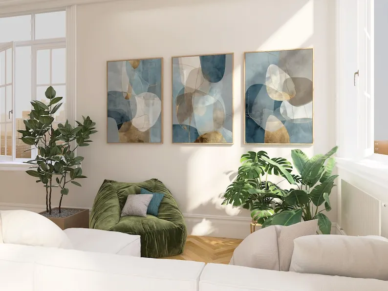 3pcs/set Abstract Blue-gray Gold Geometric Canvas Prints Neutral Earthy Pink Green Wall Art Posters for Living Room Home Decor - Image 4
