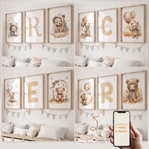 3pcs Personalized Custom Name Cartoon Child Yellow Bear Wall Art Print Picture Canvas Poster Painting For Living Room Home Decor