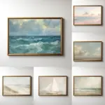 Vintage Neutral Seascape Blue Ocean Fine Art Beach Wave Coastal Poster Canvas Painting Wall Art Pictures Home Decor Gift