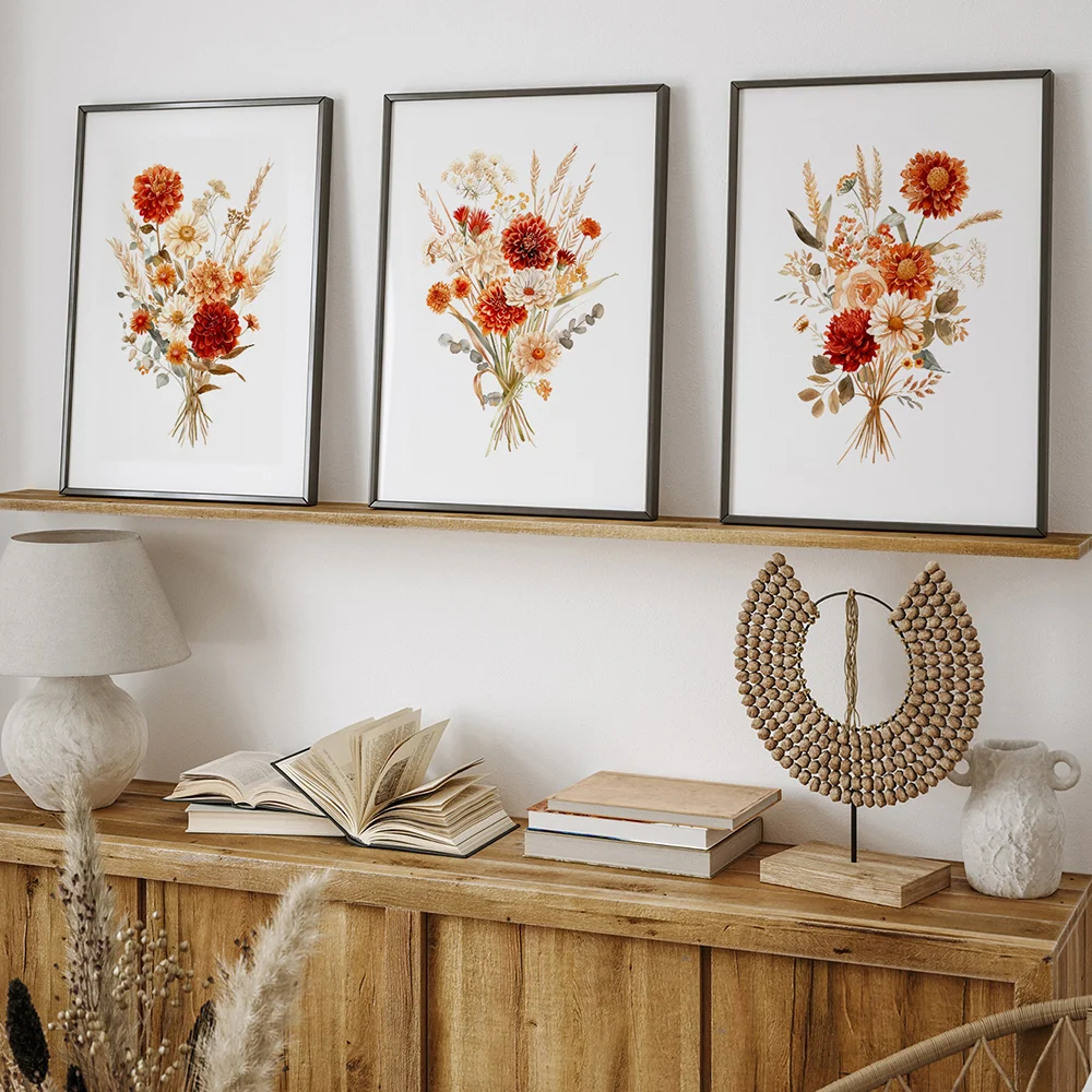 Autumn Floral Wall Poster Orange Red Combination Bouquet Painting Neutral Minimalist Print Living Room Bedroom Decor No Frame - Image 4