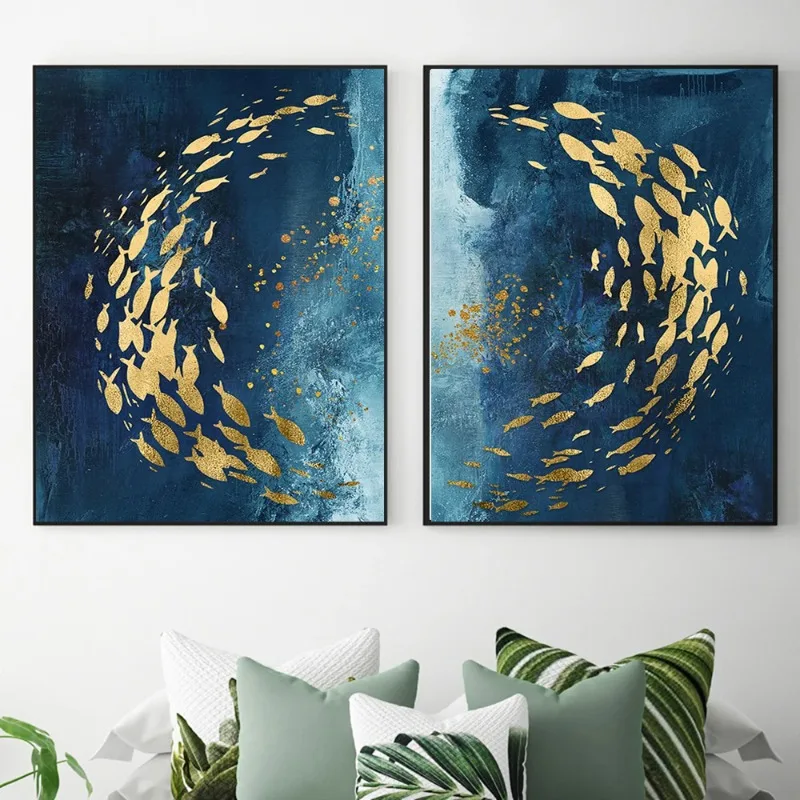 Abstract Gold Fish Blue Canvas Painting Posters and Prints Wall Art Aisle Luxurious Picture Cuadros for Living Room Home Decor - Image 2