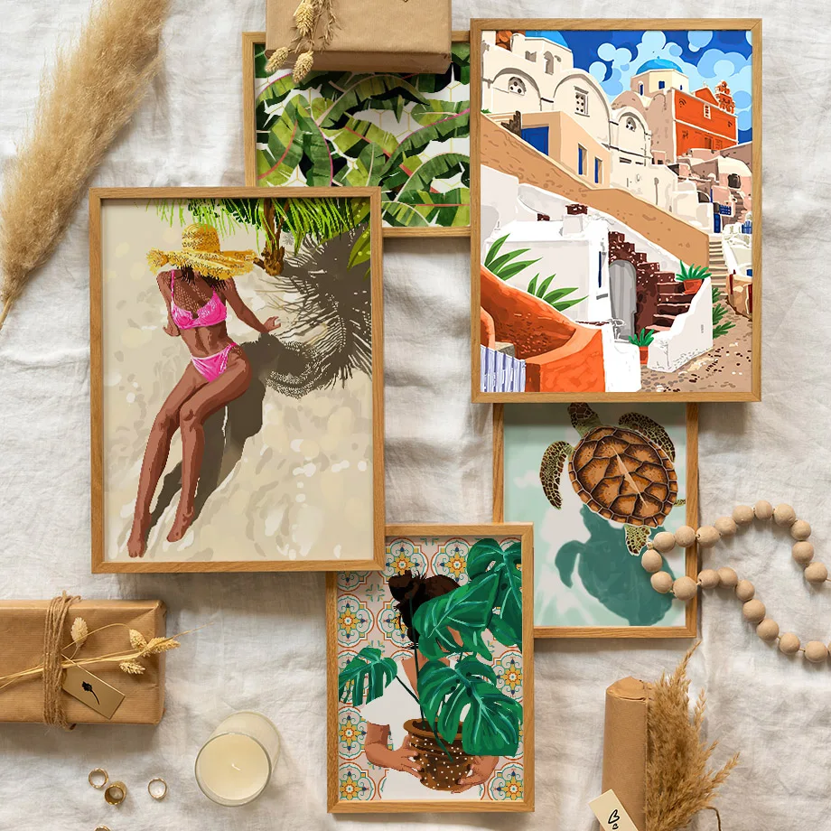 Santorini Lemon Coffee Flowers Summer Illustration Posters & Prints Wall Art Canvas Painting Pictures For Living Room Home Decor - Image 4