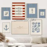 Vintage Coastal Wall Art Summer Vocation Beach Seashell Sardine Drawing Art Poster Canvas Painting Wall Pictures Home Room Decor