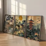 3pcs/set Japanese Landscape Travel Canvas Print Retro Sunrise House Pagoda Wall Art Poster for Modern Living Room Home Decor