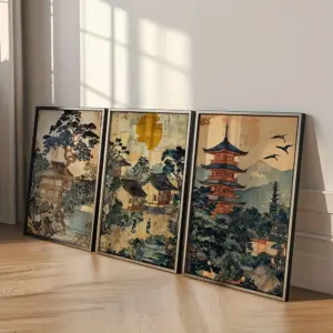 3pcs/set Japanese Landscape Travel Canvas Print Retro Sunrise House Pagoda Wall Art Poster for Modern Living Room Home Decor