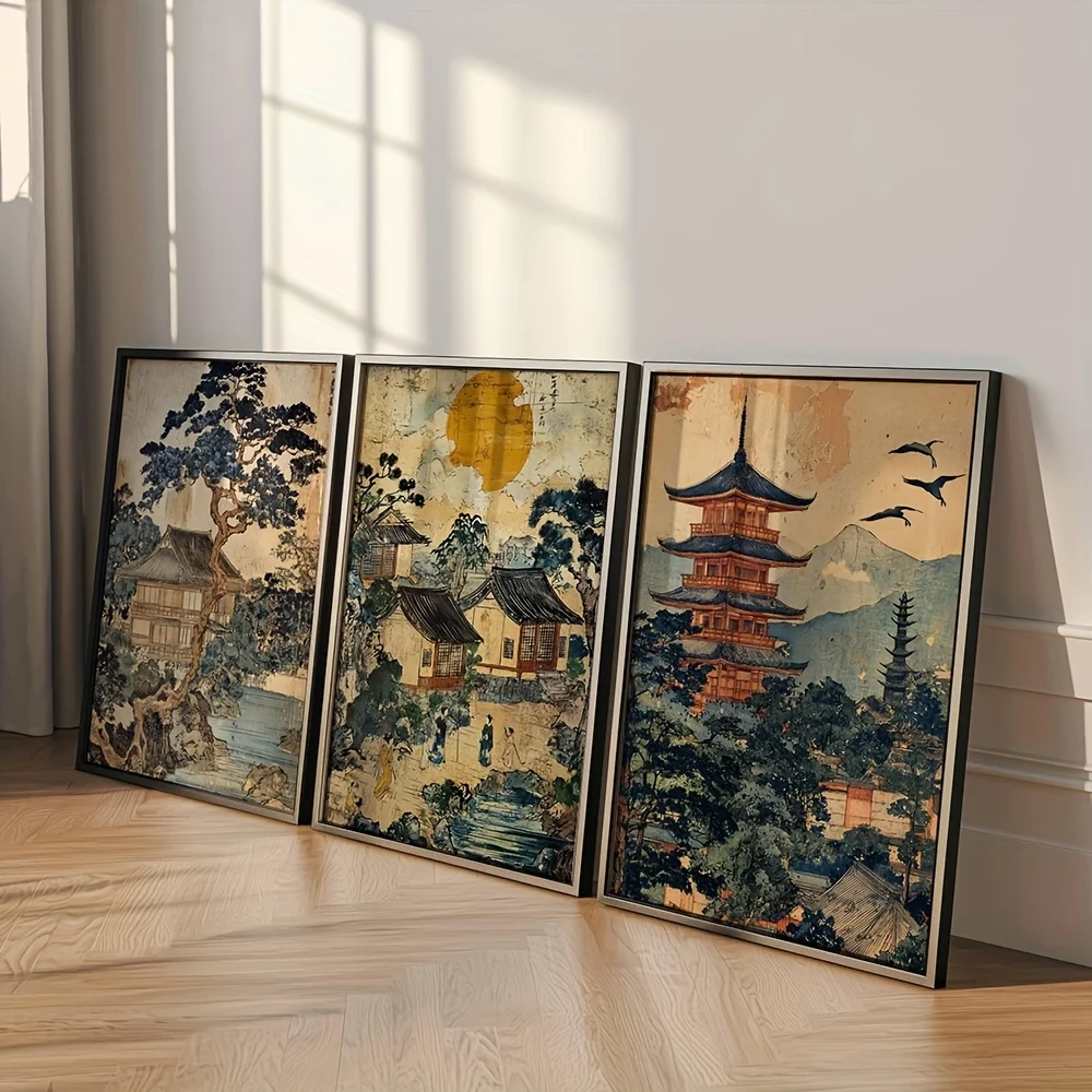 3pcs/set Japanese Landscape Travel Canvas Print Retro Sunrise House Pagoda Wall Art Poster for Modern Living Room Home Decor