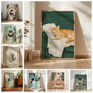 1pc Frameless,cat Reading Printing,black Cat Wall Art,comfortable Bedroom Poster,book Lover Cat Illustration,cat in Bed Printing