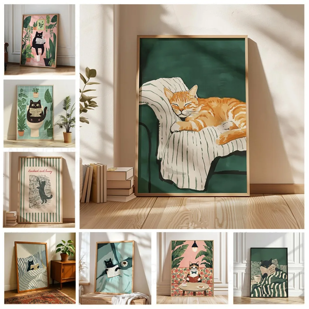 1pc Frameless,cat Reading Printing,black Cat Wall Art,comfortable Bedroom Poster,book Lover Cat Illustration,cat in Bed Printing