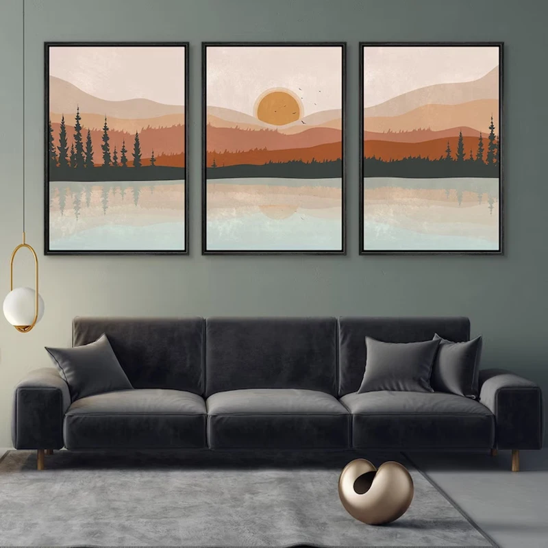 Wall Art Set of 3 Poster Sunset Forest Landscape Painting Abstract Illustrations Modern Art Minimalist Living Room Wall Decor - Image 4