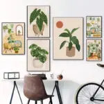 Abstract Sun Monstera Leaves Plant Cat Boho Art Canvas Painting Botanical Posters And Prints Wall Pictures For Living Room Decor