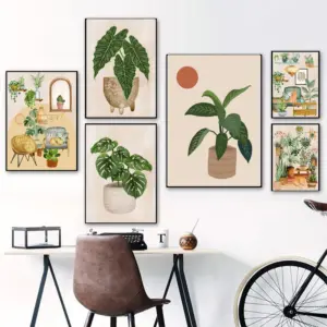Abstract Sun Monstera Leaves Plant Cat Boho Art Canvas Painting Botanical Posters And Prints Wall Pictures For Living Room Decor