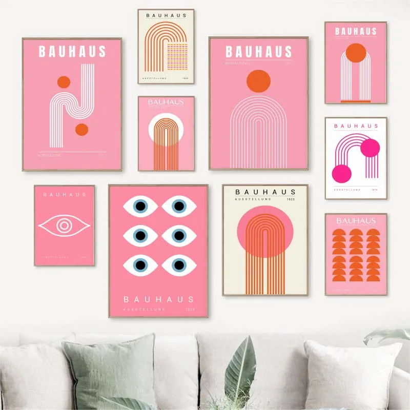 Pink Bauhaus Geometric Canvas Paintings Poster Bauhaus Wall Art Mid Century Modern Art for Living Room Home Office Decor - Image 2