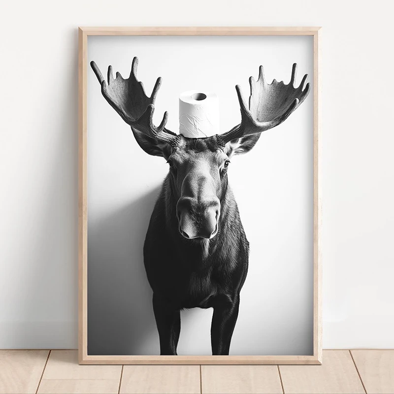 Black White Funny Bathroom Poster Animals with A Toilet Paper Roll on Head Canvas Painting Print Wall Art Picture for Home Decor - Image 2
