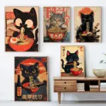 Japanese Cat Eating Noodles Canvas Poster Cat Coffee Bonjour Mon Amour Kitchen Wall Art Prints for Modern Living Room Home Decor