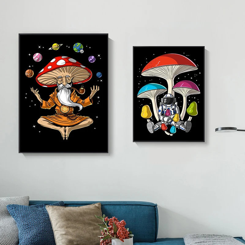 Psychedelic Trippy Magic Mushrooms Poster Canvas Painting Cartoon Science Alien Stoners Wall Art for Living Room Home Decoration - Image 4