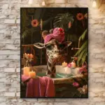 Frameless Giraffe Bath Canvas Wall Art 12x16 Inch Cartoon Animal with Pink Scarf Tropical Flowers for Kids Room Bathroom Decor