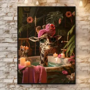 Frameless Giraffe Bath Canvas Wall Art 12x16 Inch Cartoon Animal with Pink Scarf Tropical Flowers for Kids Room Bathroom Decor
