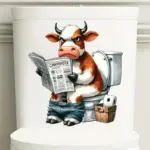 Humorous Cow Reading Newspaper Toilet Lid Decal - Self-Adhesive Animal Print Bathroom Decoration