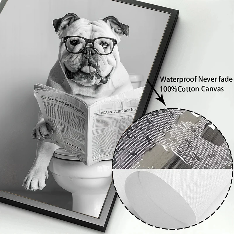 Black and White French Bulldog Sitting on Toilet Poster Corgi in Bathtub Canvas Painting Wall Art Print Picture Bathroom Decor - Image 6