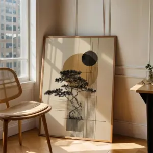1pc Japan Bonsai Wall Art | Minimalist Japanese Poster | Zen Nature Digital Print | Abstract Sun Illustration unframe poster