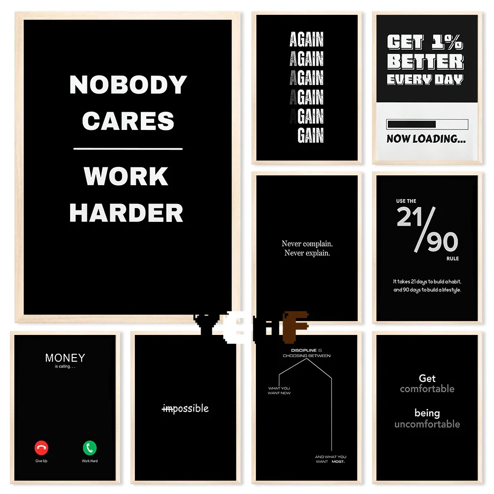Black Minimalist Motivational Quotes Canvas Poster Inspirational Wall Art for Office Gym and Home Decor