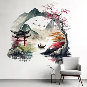 Landscape Painting Birds Mountain River Wall Sticker Background Home Bedroom Wall Kitchen Refrigerator Home Decoration Decals