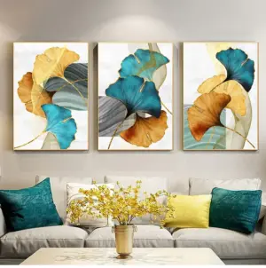 Blue Green Yellow Gold Plant Leaf Abstract Nordic Minimalist Wall Art Canvas Painting Posters for Living Room Modern Home Decor
