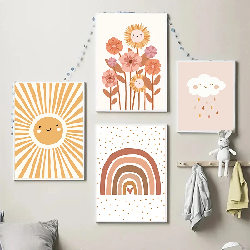 Colorful Rainbow Sun Cloud Flower Poster Prints Boho Style Wall Art Canvas Painting for Child Nursery Girl Room Decoration