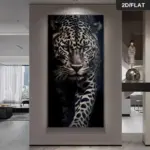 One modern abstract jaguar print art canvas - a vivid blue and black jaguar design, a high-quality 2D flat print frameless paint