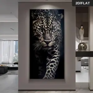 One modern abstract jaguar print art canvas - a vivid blue and black jaguar design, a high-quality 2D flat print frameless paint