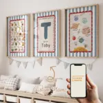 3pcs Personalized Custom Name Cartoon Child Blue stripe Wall Art Print Picture Canvas Poster Painting For Living Room Home Decor