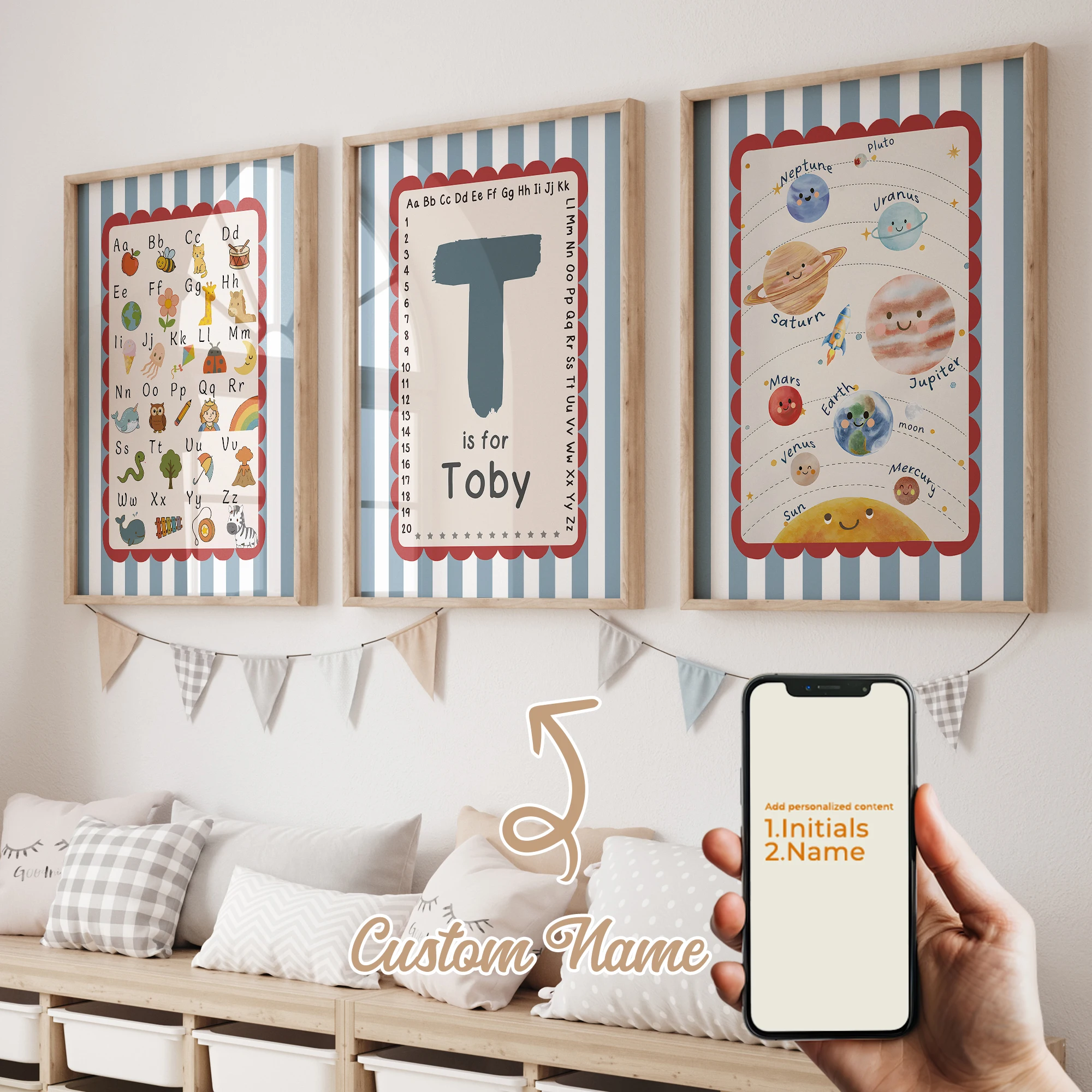 3pcs Personalized Custom Name Cartoon Child Blue stripe Wall Art Print Picture Canvas Poster Painting For Living Room Home Decor